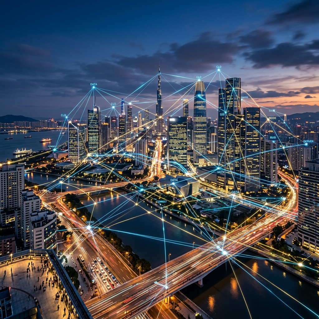 City skyline at dusk with superimposed digital network lines and data labels