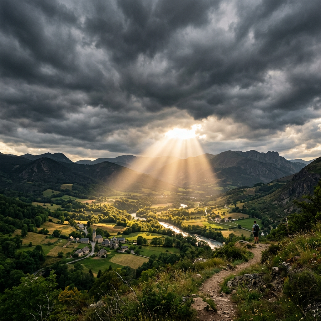 Valley with river and small village under dramatic clouds with sun rays