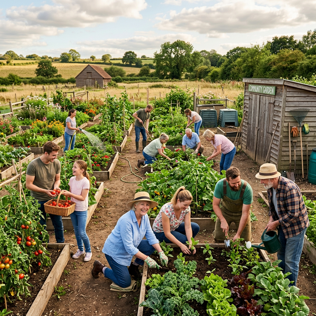 People gardening and harvesting vegetables in a community garden with raised beds