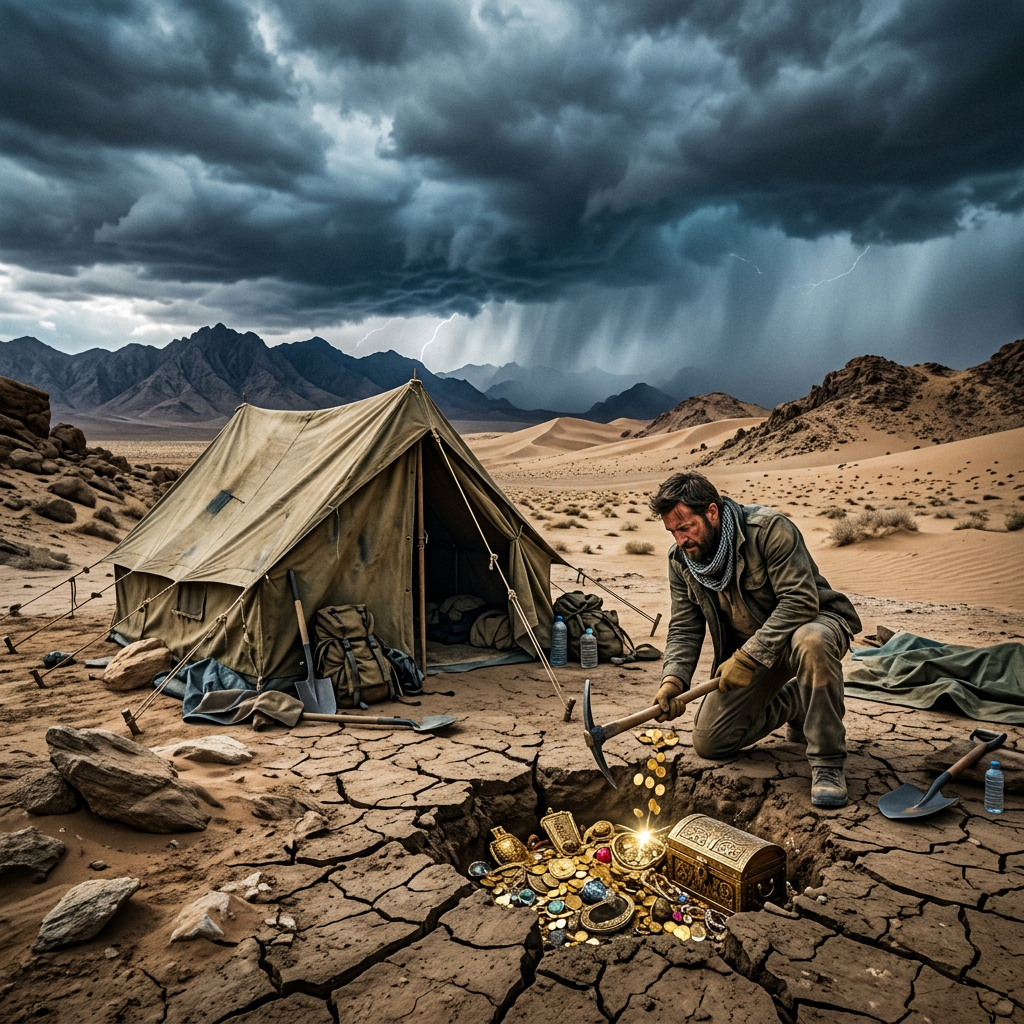 Man digging in cracked desert ground uncovering gold and jewels near a tent