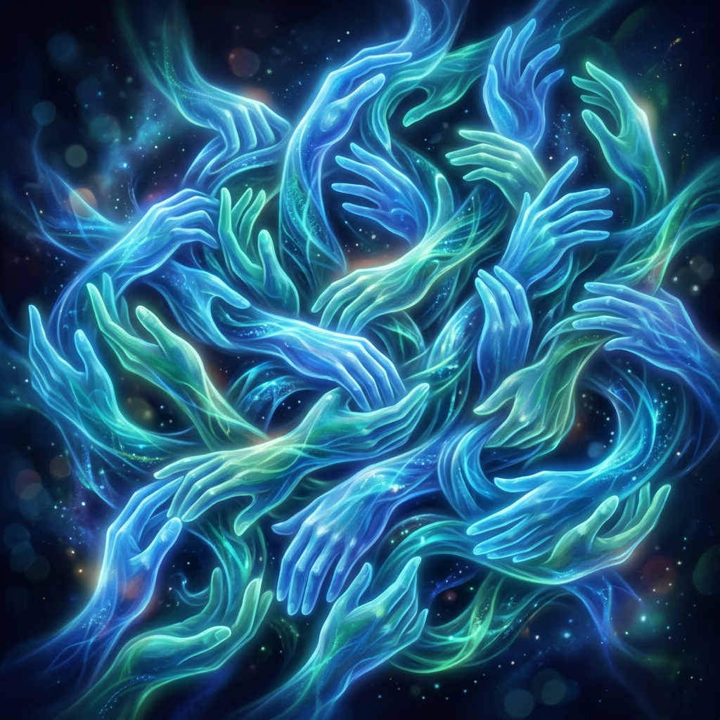 Multiple glowing blue and green hands intertwined and floating in a dark cosmic background.