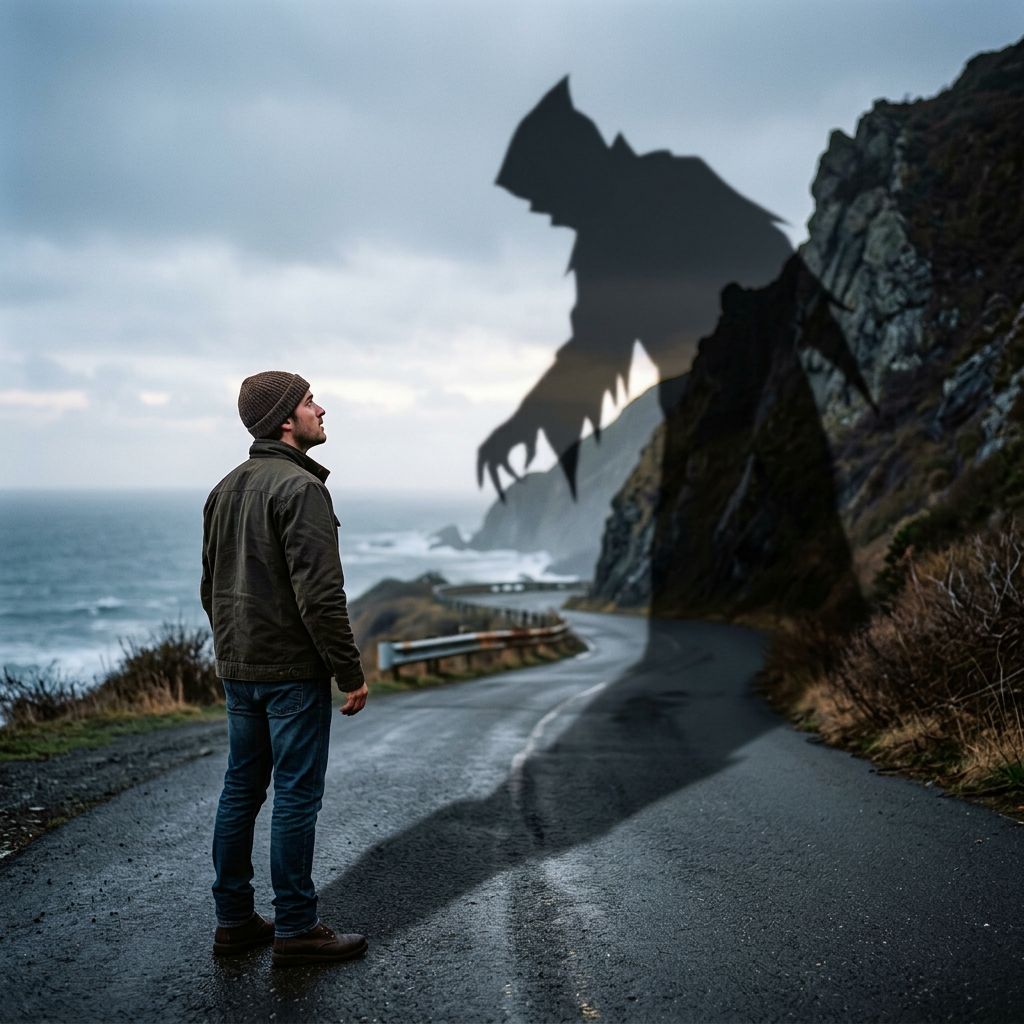 Man standing on a coastal road looking at a large shadow shaped like a monster on the rocks